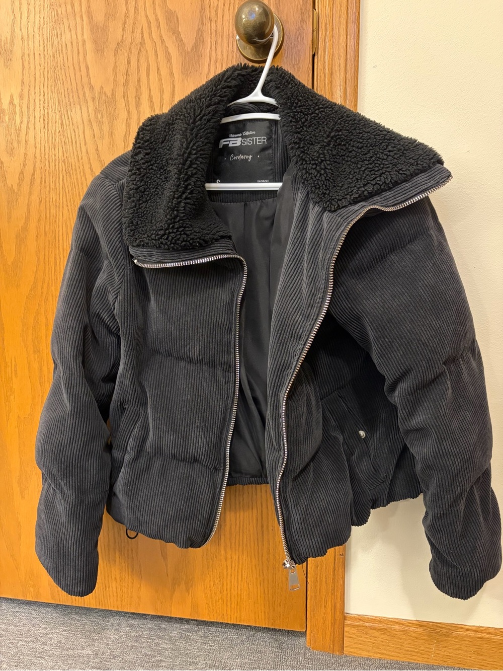 Women's Black Corduroy Puffer Jacket with Sherpa Collar
